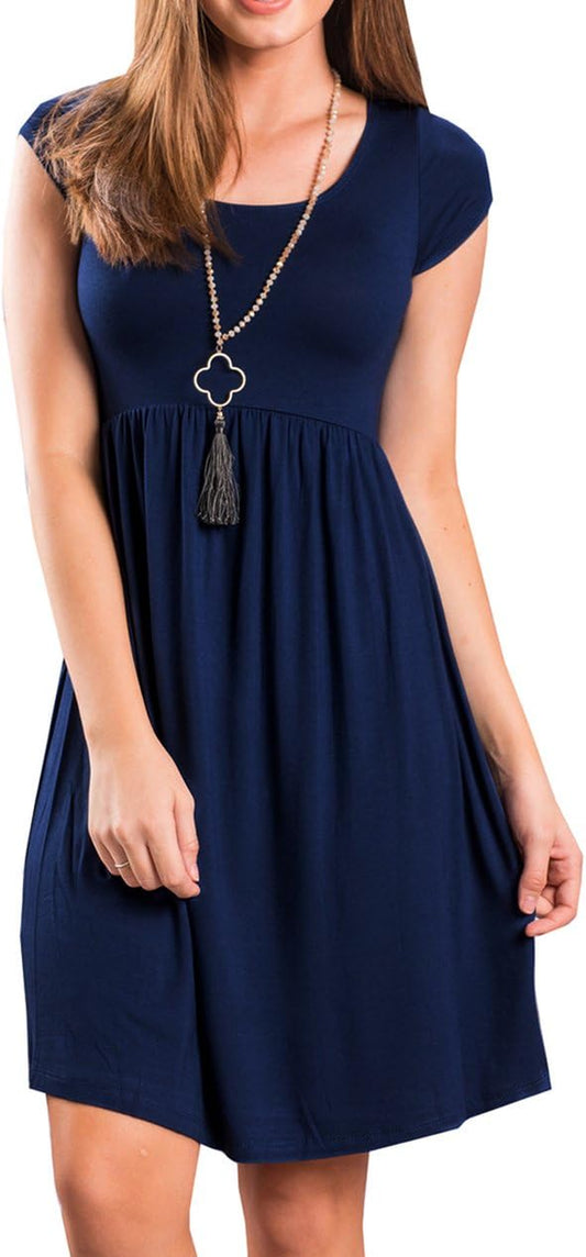 Women'S Short Sleeve Empire Waist Casual Swing T Shirt Dress (XL, Navy)